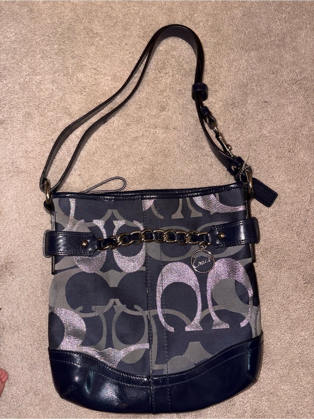 Coach Navy Signature Pattern Shoulder Bag with silver hardware